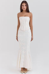 Veronica-Vintage Ivory Embroidered Godet Maxi Skirt