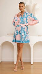 Lucia Long Sleeve Mini Dress - Aqua/Pink Print