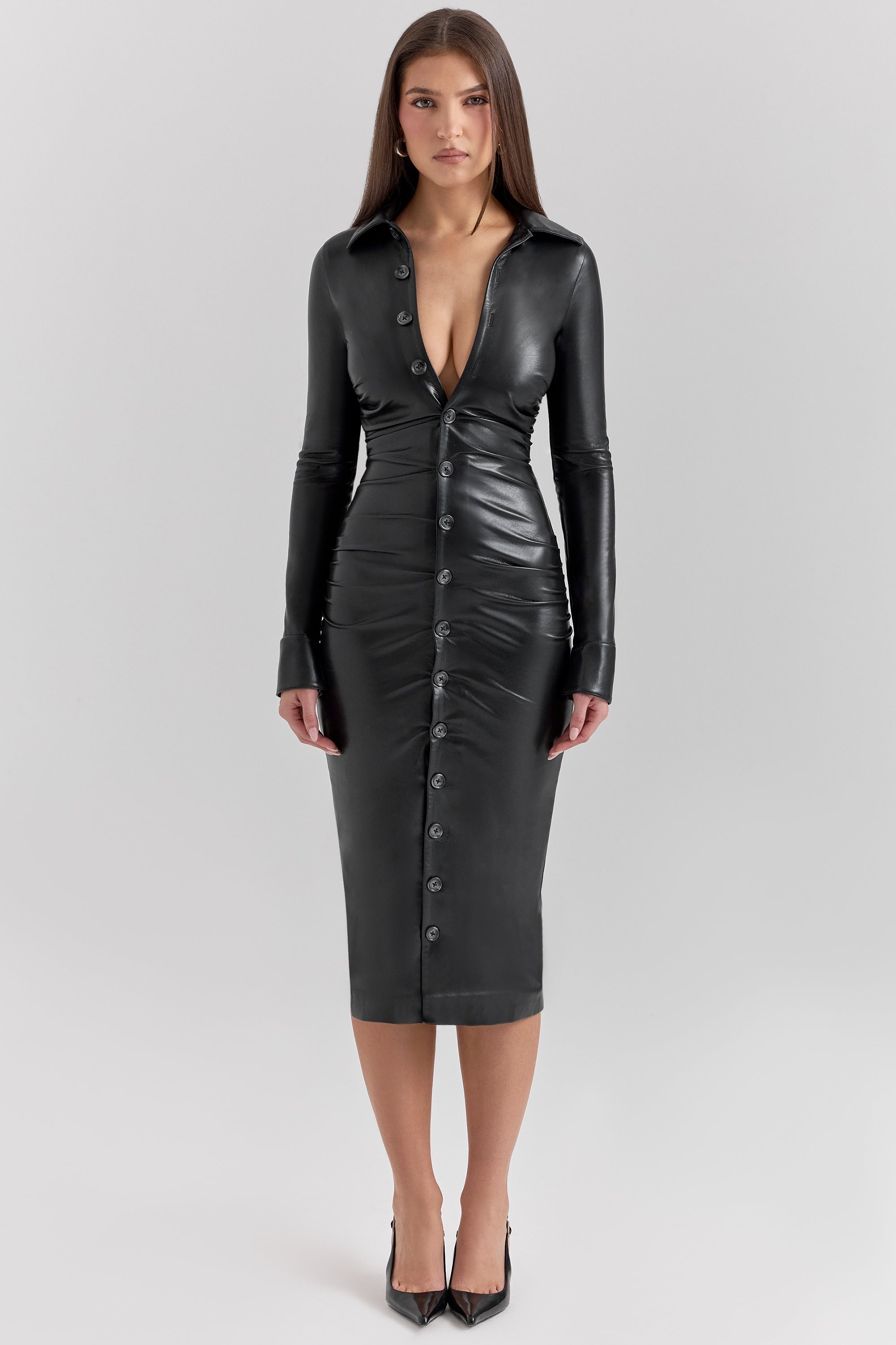 Viola-Black Vegan Leather Long Sleeve Midi Dress