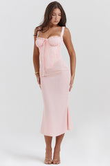 Syrah-Soft Peach Lace Back Midi Dress