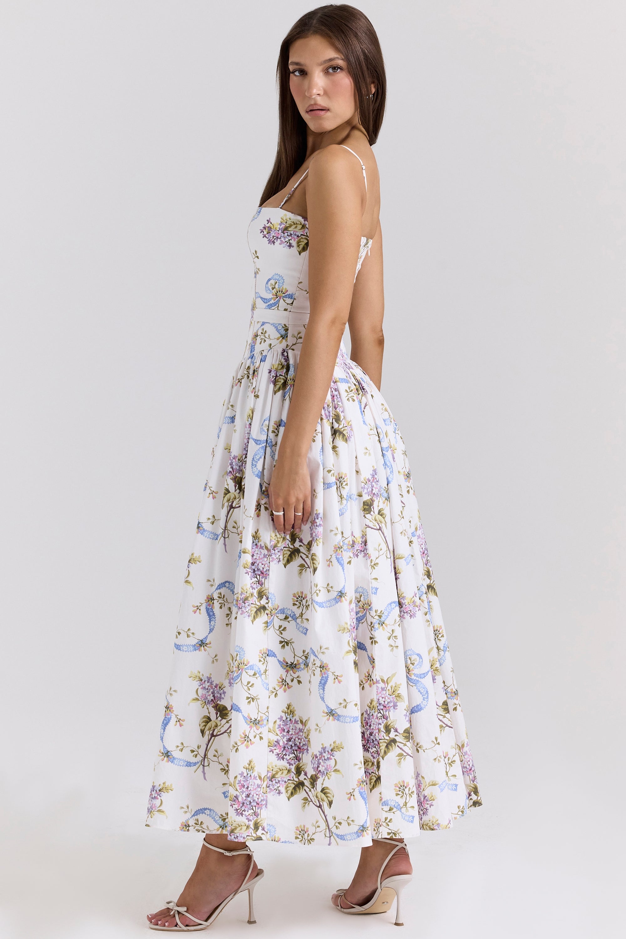 Ysabella-Off White Vintage Ribbon Print Cotton Midi Sundress