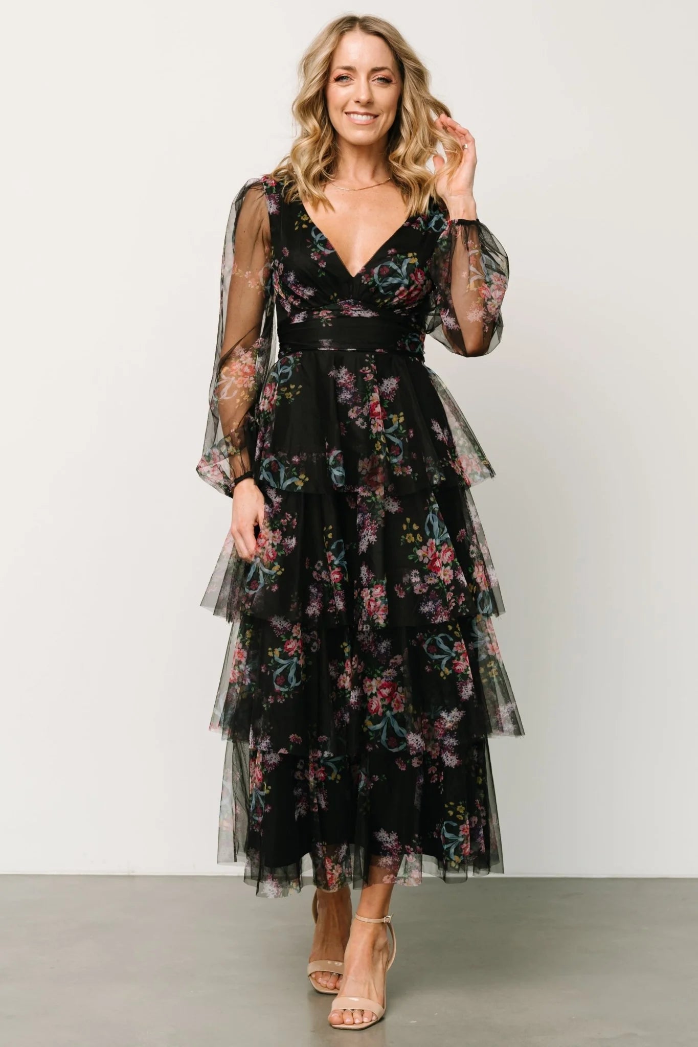 Carolina Tulle Tiered Maxi Dress | Black Floral