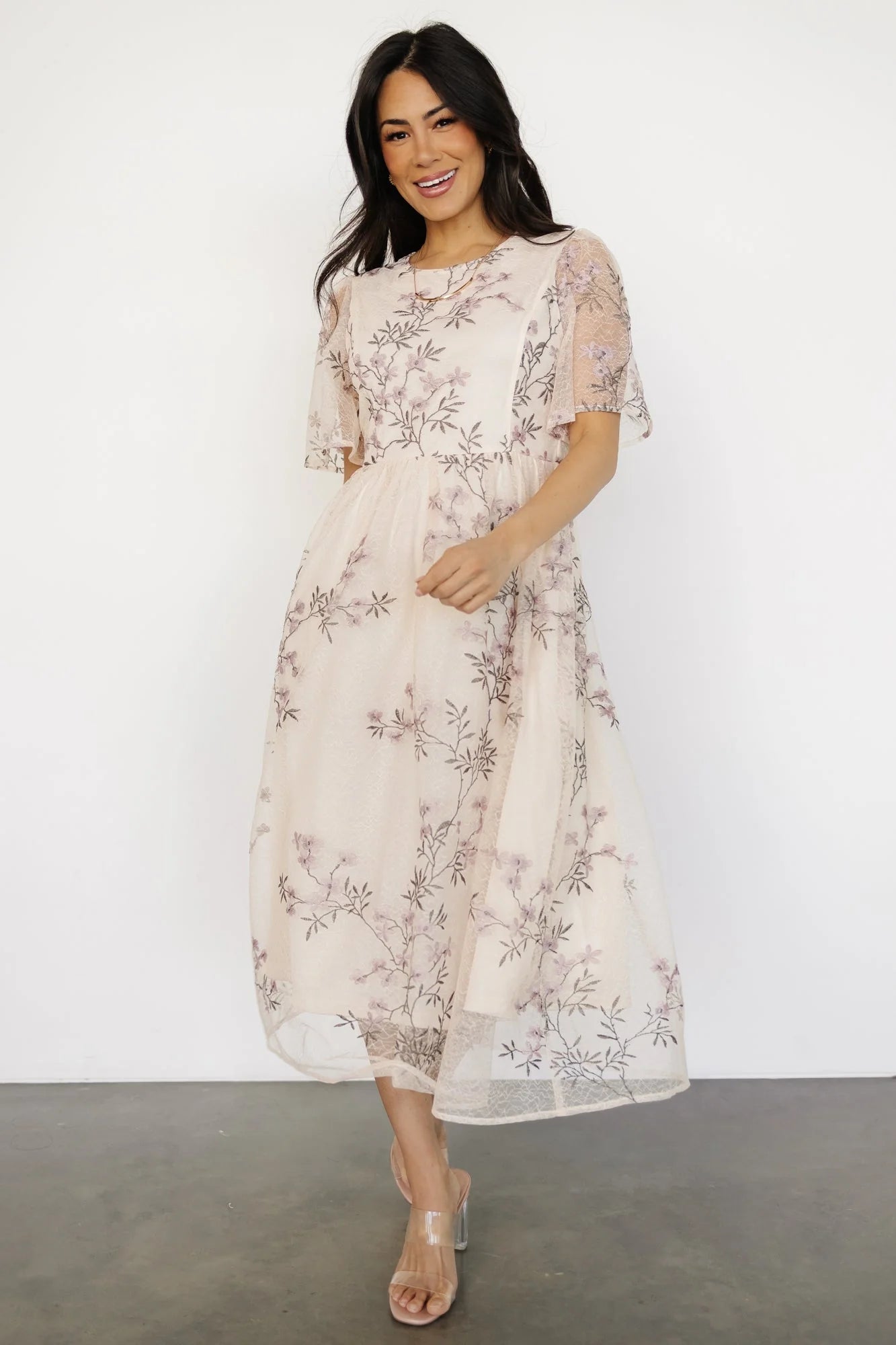 Ashlee Embroidered Midi Dress | Cream + Lavender Floral