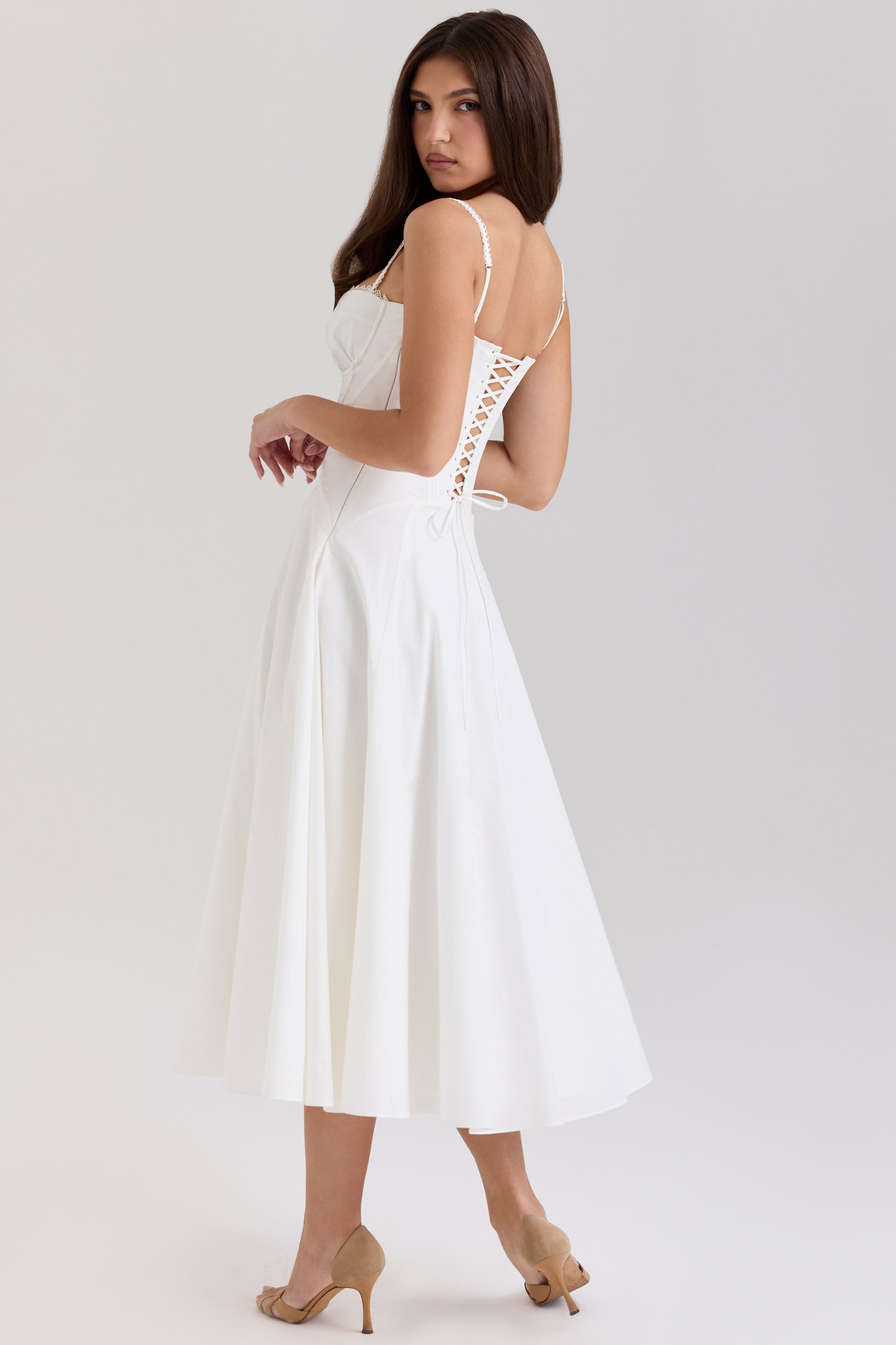 Steffani-White Stretch Cotton Midi Sundress