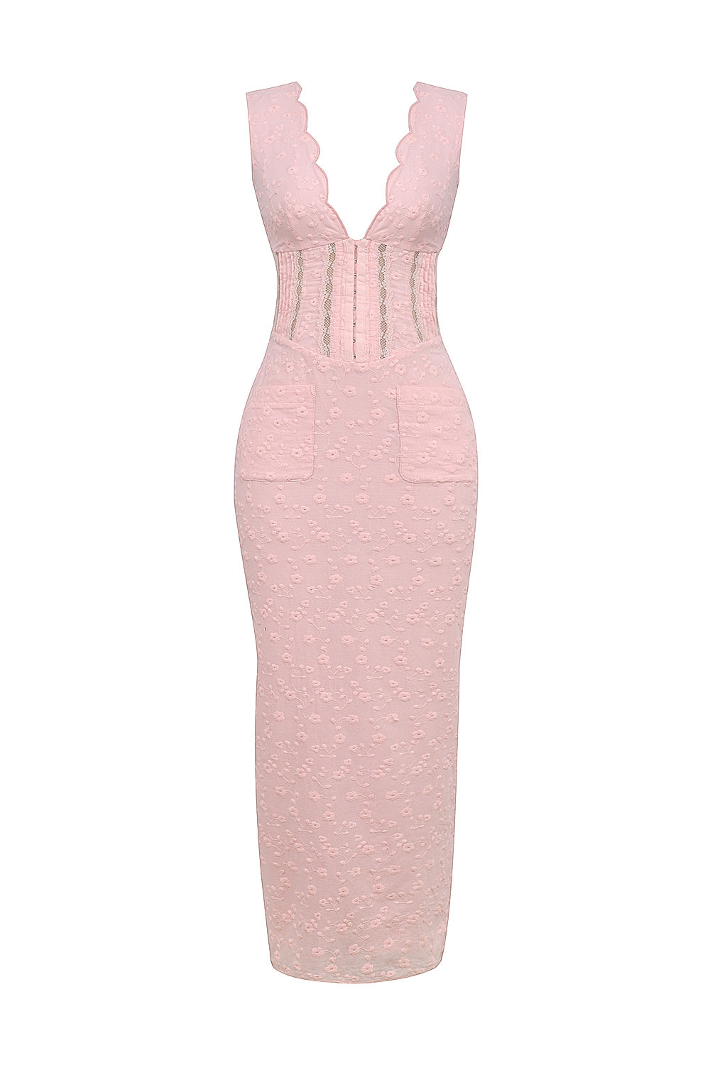 Sophina-Perfectly Pink Broderie Anglais Plunge Maxi Dress