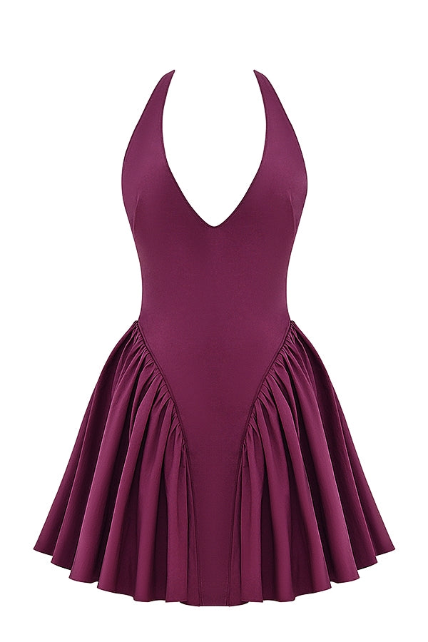 Valentia-Wine Halter Mini Dress