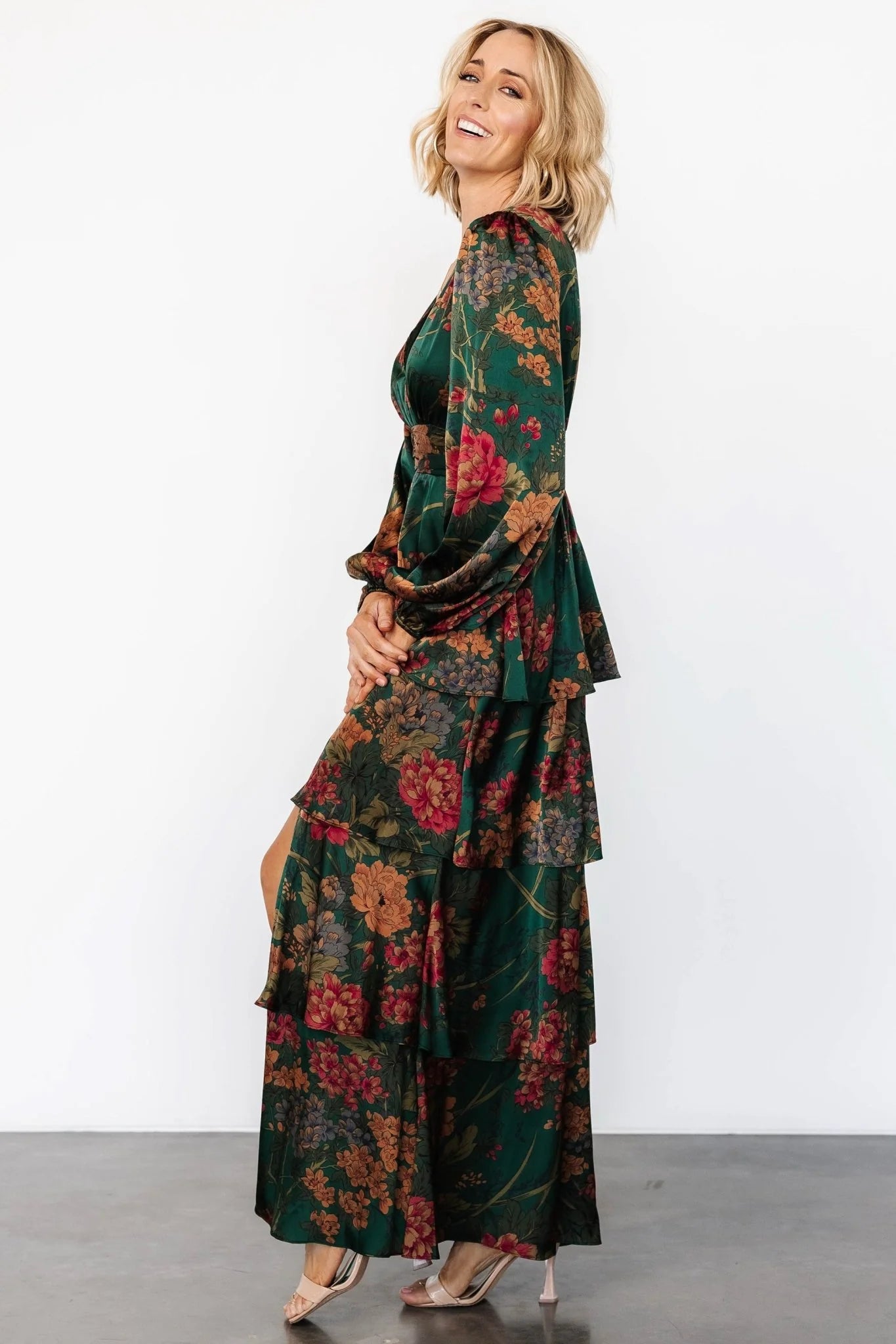 Montrouge Tiered Satin Dress | Emerald Floral