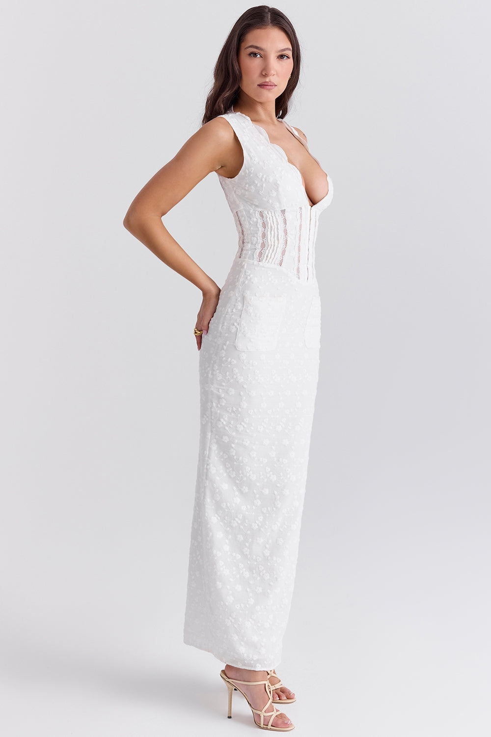 Sophina-White Cotton Broderie Anglais Plunge Maxi Dress