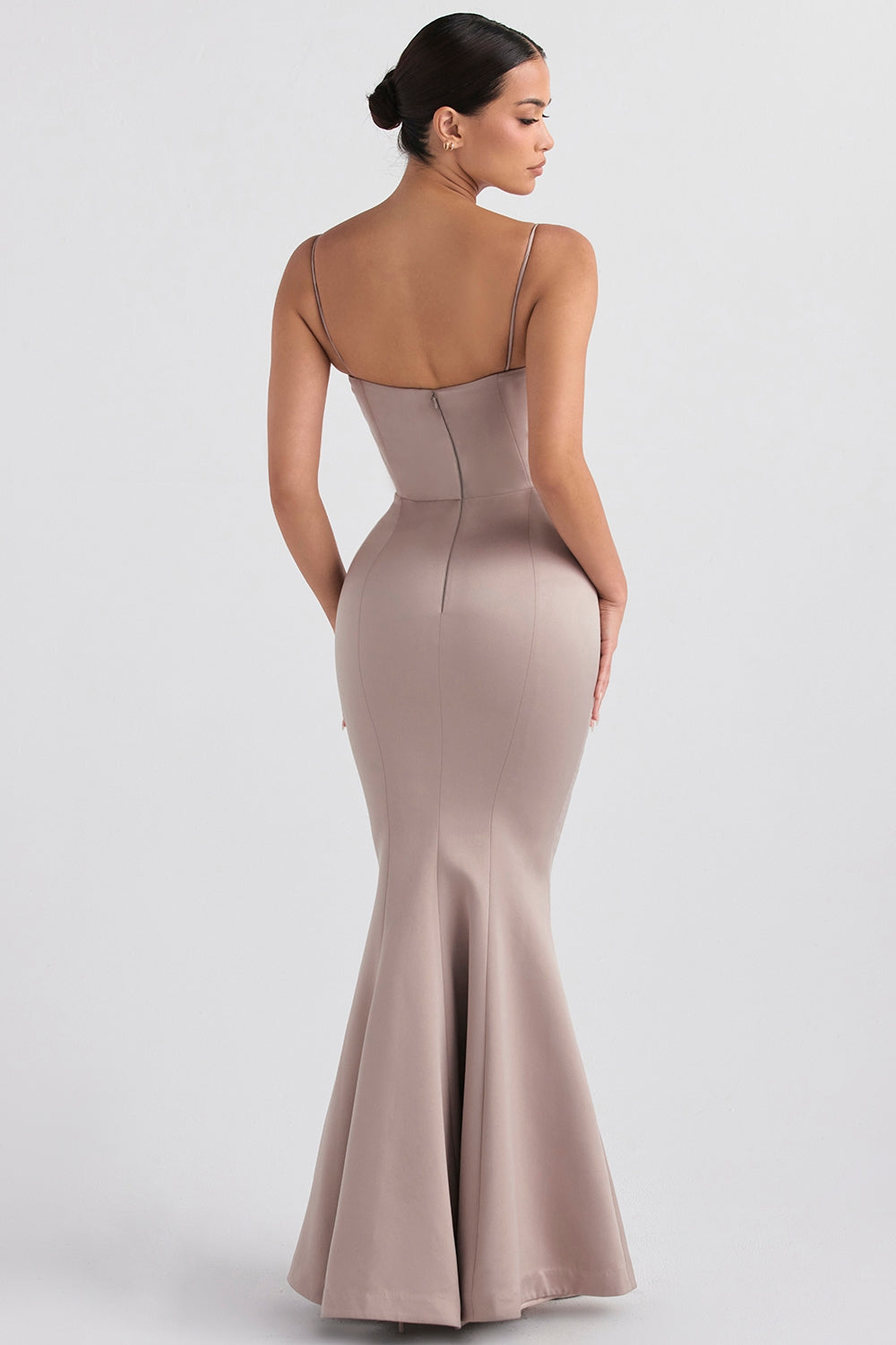 Violette-Mushroom Satin Fishtail Gown