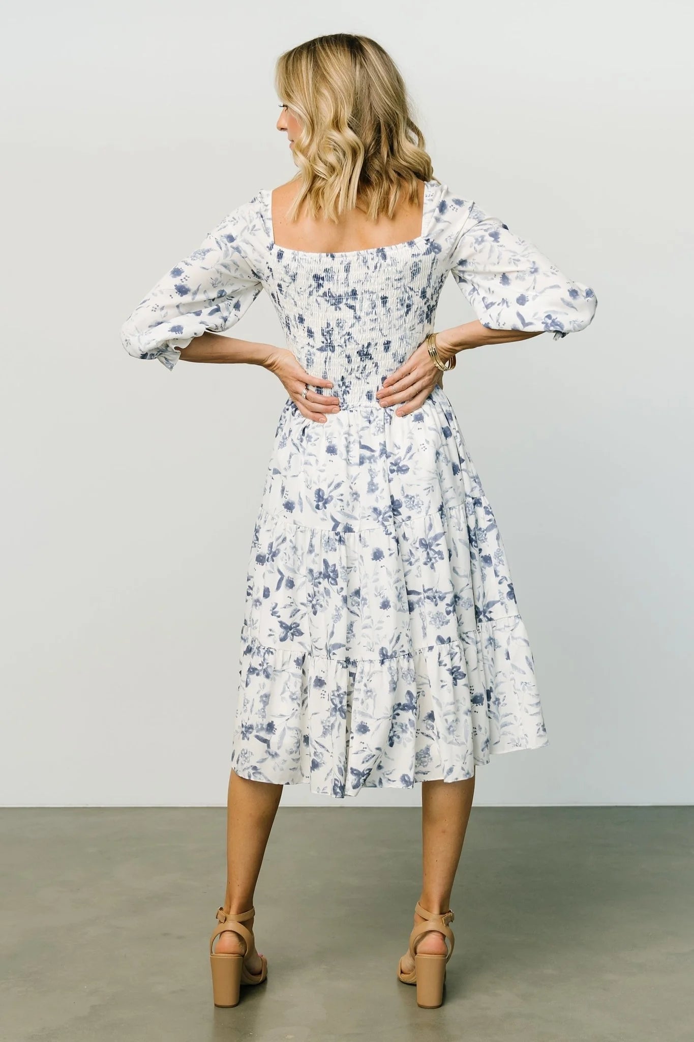 Marta Smocked Midi Dress | White + Blue
