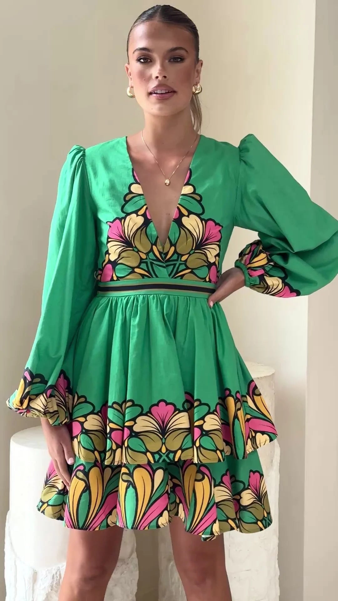 Portugal Long Sleeve Mini Dress - Apple