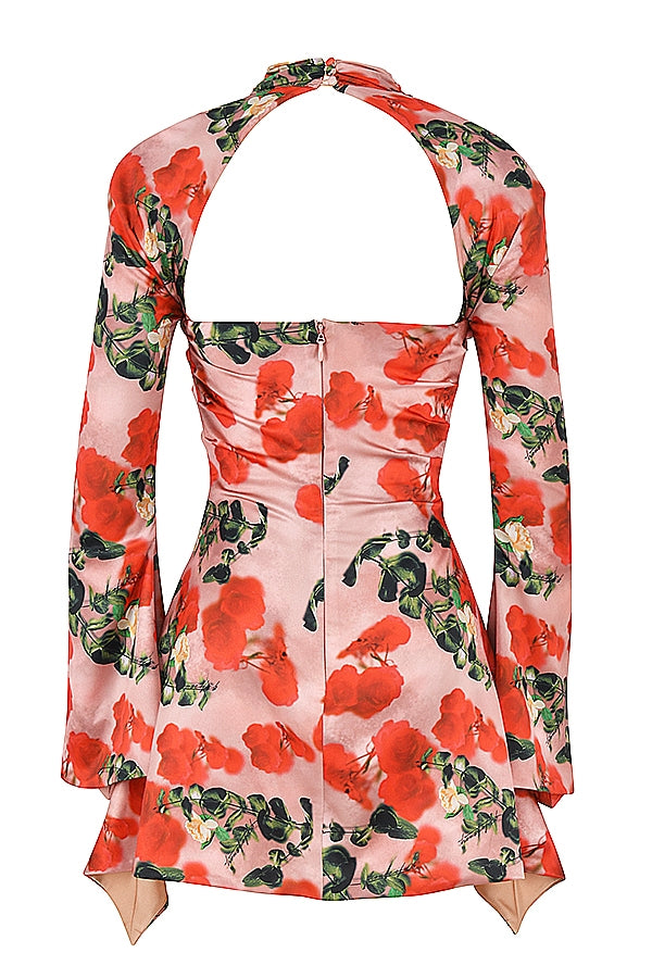 Toira-Rose Print Draped Corset Dress