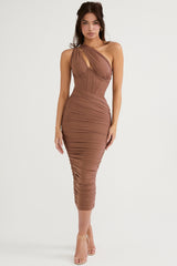 Valentina-Mocha Asymmetric Cutout Midi Dress
