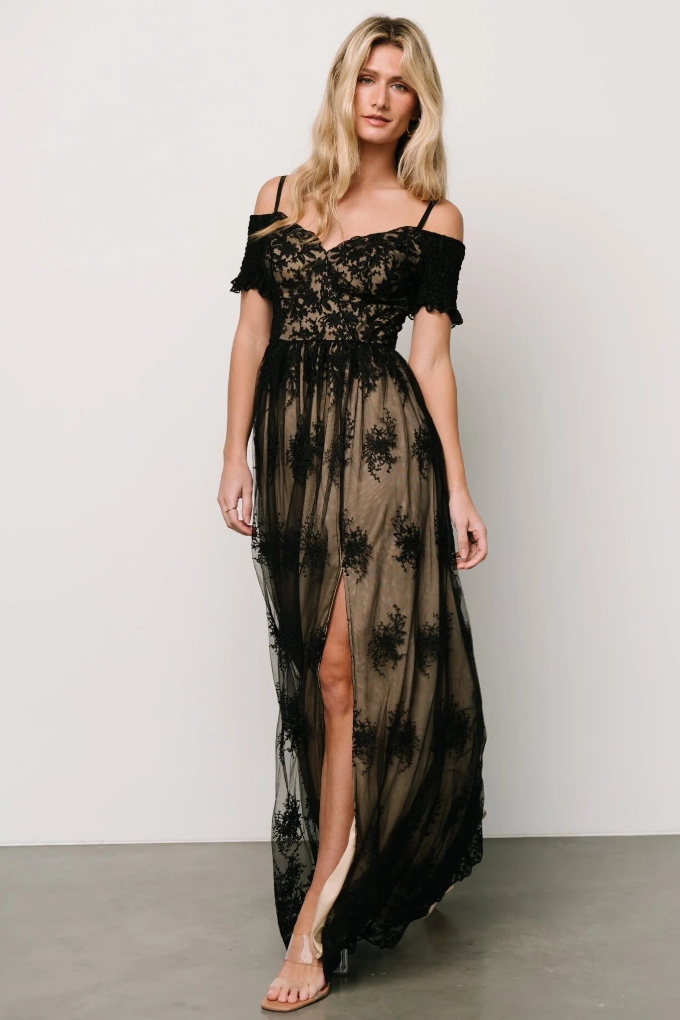 Esperanza Tulle Embroidered Maxi Dress | Black + Nude