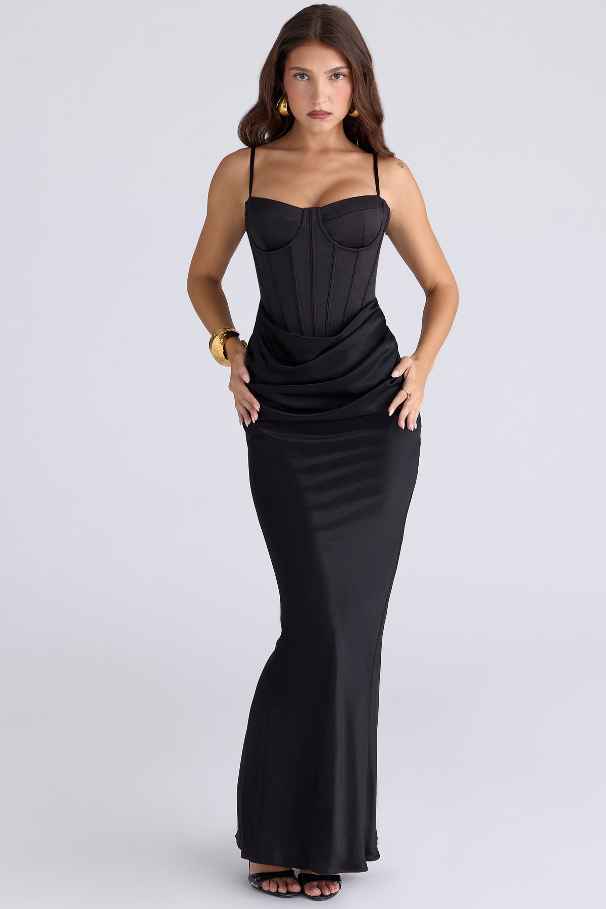 Valentina-Black Satin Draped Corset Maxi Dress