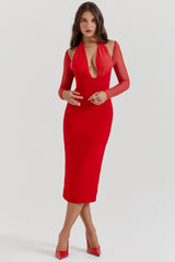 Yasmin-Scarlet Plunge Midi Dress