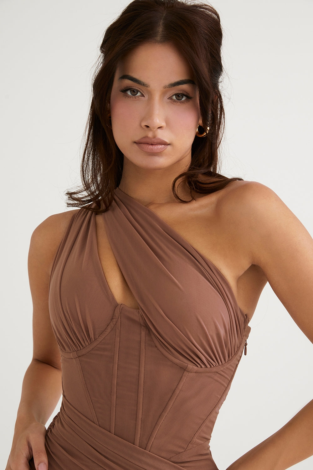 Valentina-Mocha Asymmetric Cutout Midi Dress